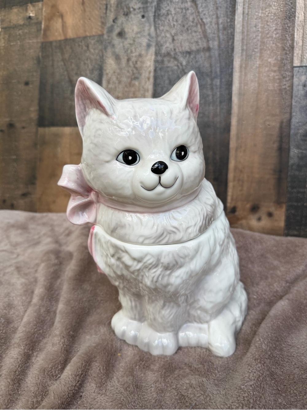 White Ceramic Vintage Cat Cookie Jar with Pink Bow